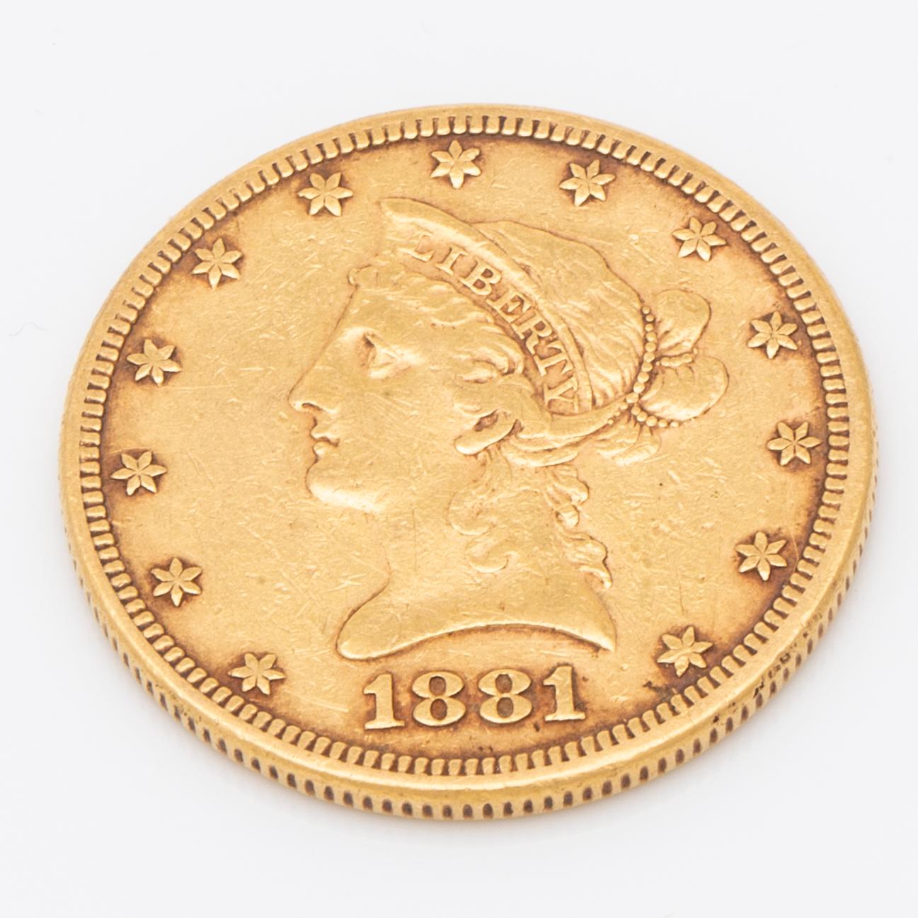 A 10 dollars Liberty Head gold coin from USA, 1881.