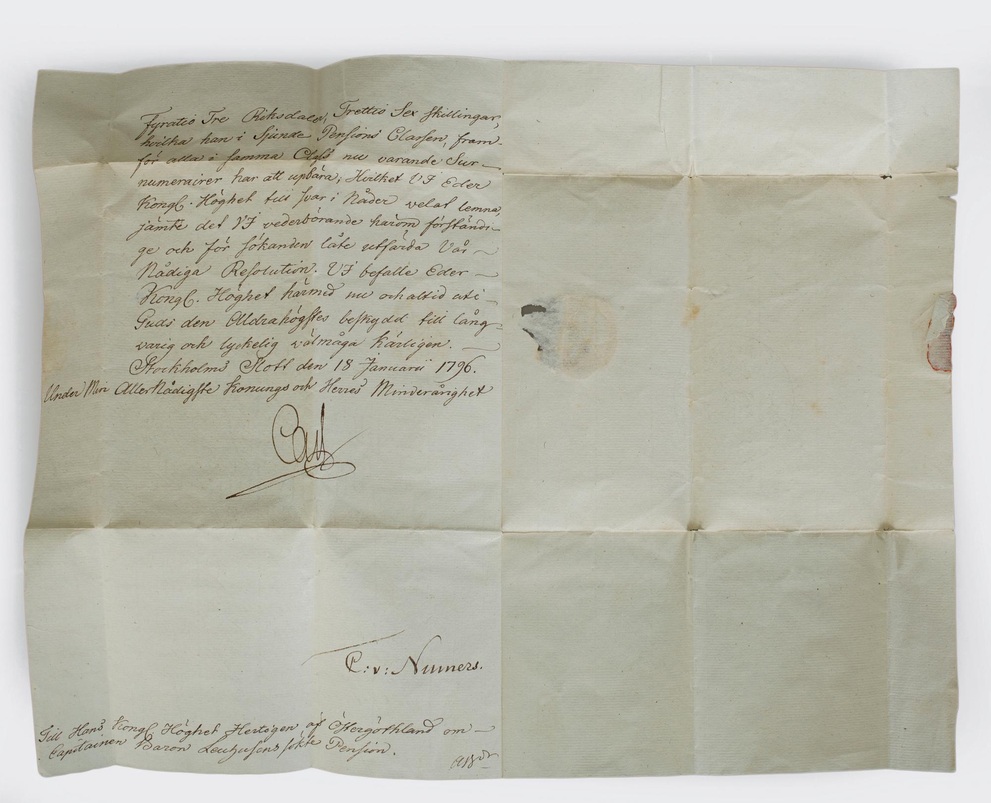 HERTIG KARL AV SVERIGE (1748-1818), brev, undertecknat och daterat Stockholms Slott 18 januari 1796.