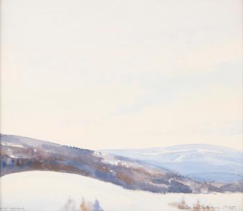 NILS WIKBERG, vesiväri, signeerattu ja päivätty 1945. Omistuskirjoituksella.