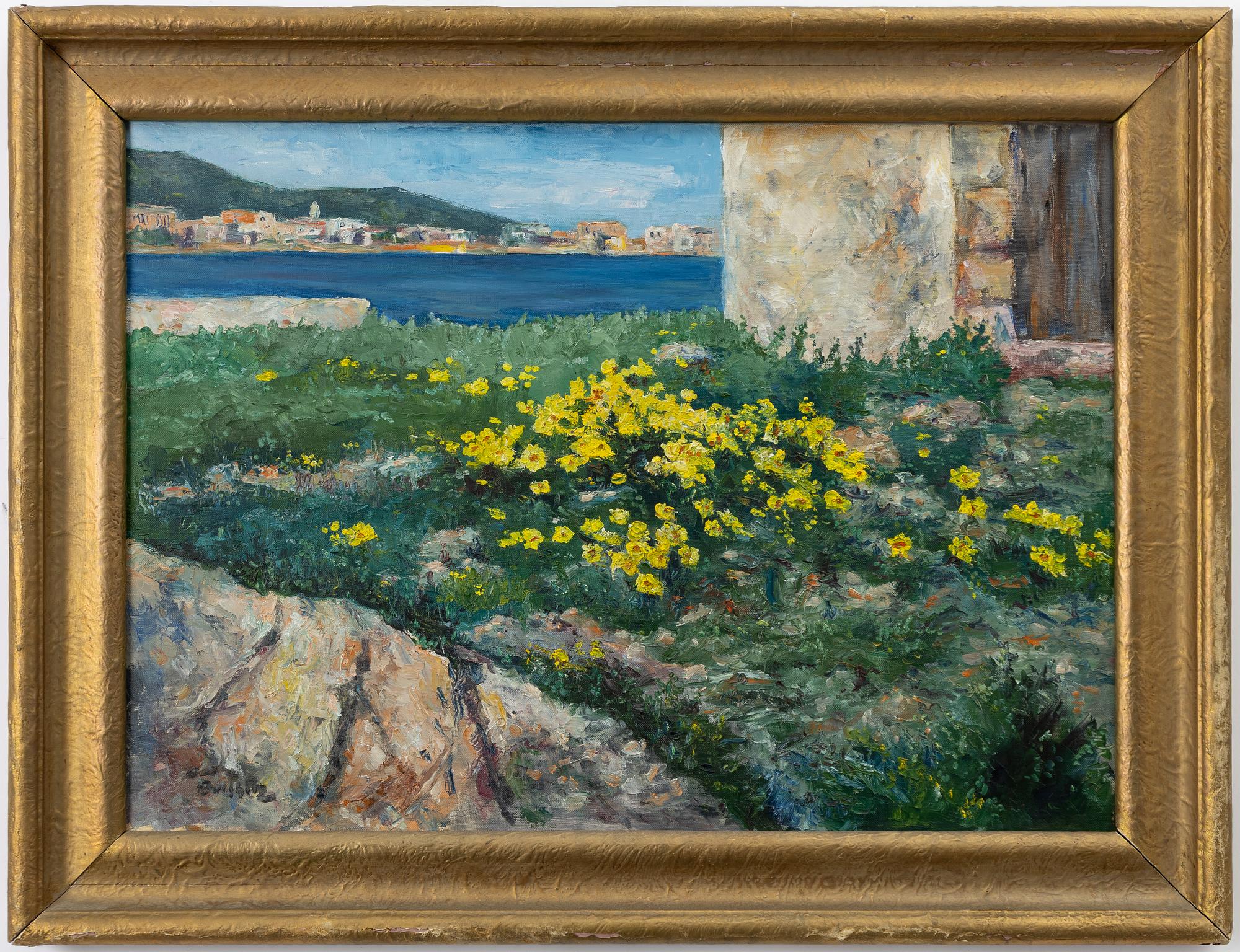 Heinz Buchholz, Beach scene with yellow flowers, San Antonio Ibiza.