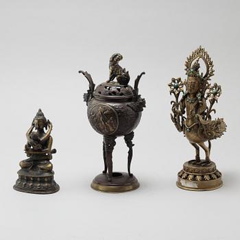 Two figures of deities and a bronze censer with cover, 20th Century.