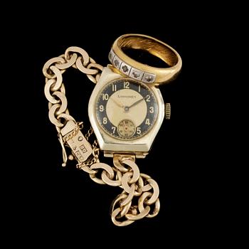 RING, 23k guld samt KLOCKA, Longines, 18k guld. Tot vikt ca 25 g.