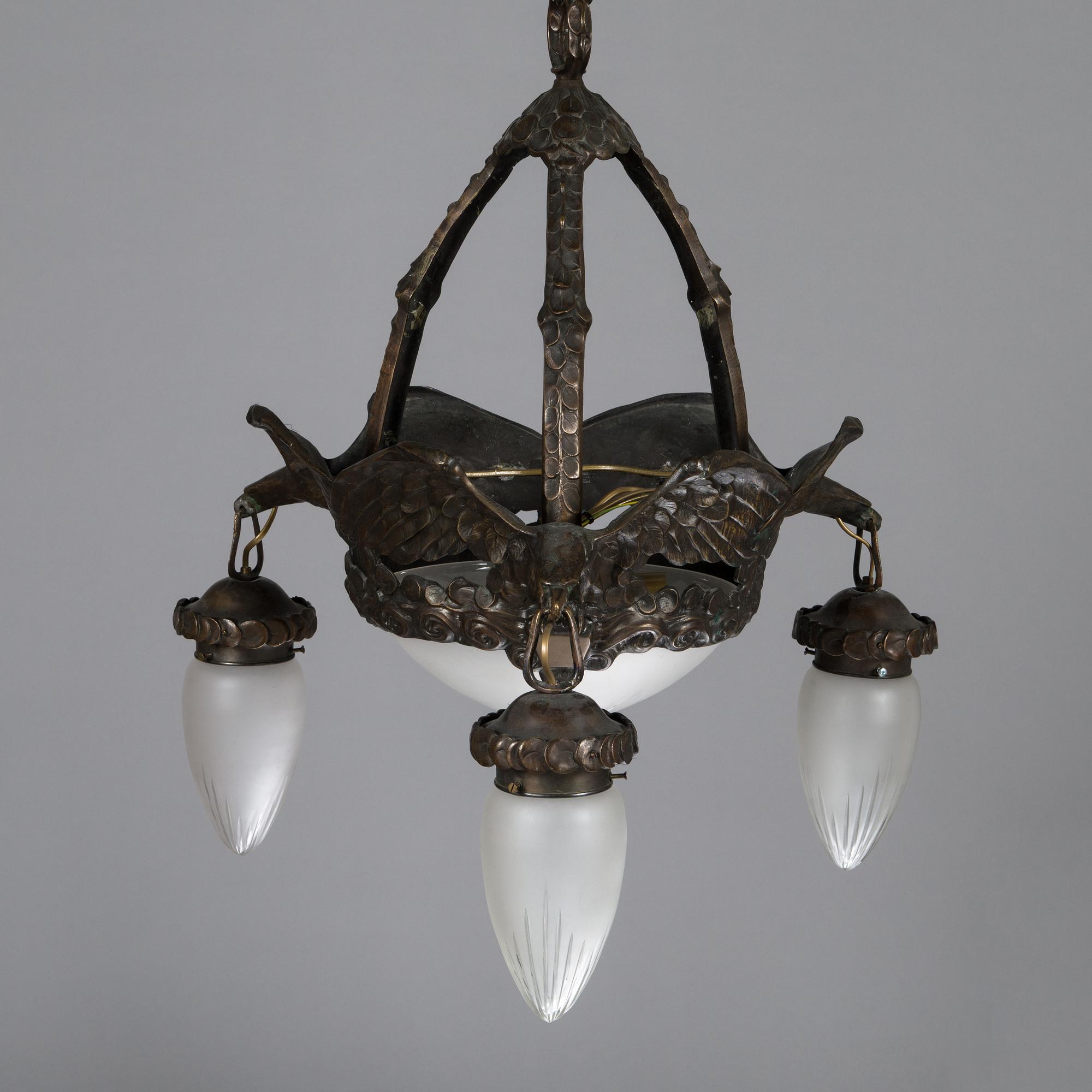 A Jugend style patinated bronze pendant ceiling light from the early 1900s, Böhlmarks, Sweden.