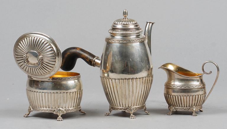 KAFFESERVIS, 3 delar, silver, empirestil, olika mästare, Kristianstad, 1919-1928.