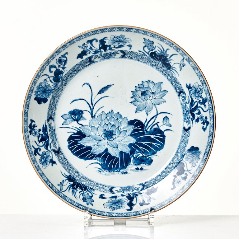 A blue and white dish and four plates, Qing dynasty, Kangxi (1662-1722).