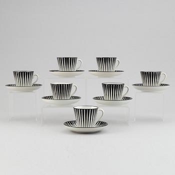 A set of seven porcelain 'Zebra' coffee cups with saucers, designed Eugene Trost for Gefle, Sweden.