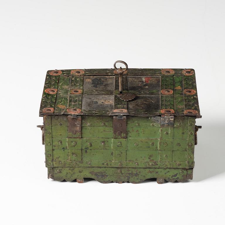 A Baroque South German engraved and polychrome-painted iron and steel strongbox, later part of the 17th century.