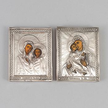 Two Russian late 19th century silver icons, unidentified makers mark, St. Petersburg 1890.