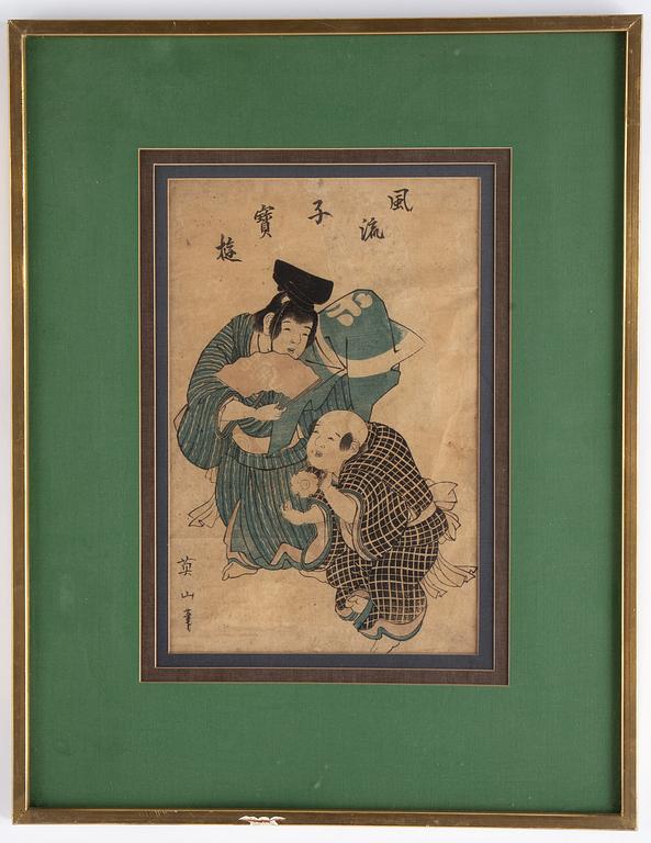 Eizan Kikugawa, after, and Utagawa Kunisada, two coloured woodblock prints, Japan, 19th century.