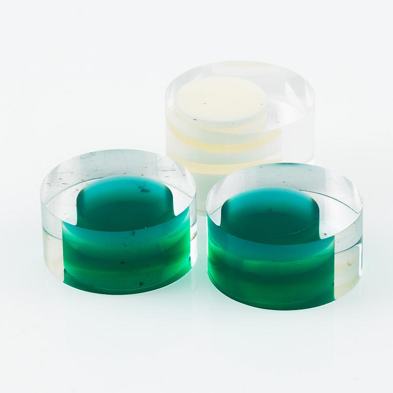 Siv Lagerström, three rings, and three sculptures, acrylic plastic, 1970s.