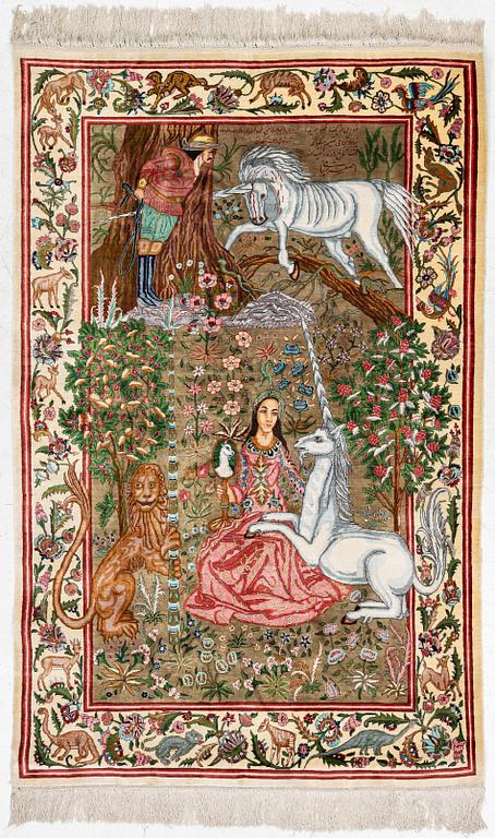 A silk Qum rug, central Persia, c. 213 x 135 cm.