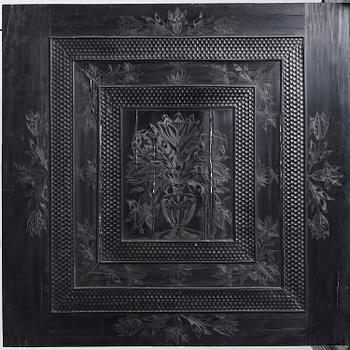 A Louis XIV and Louis XIV-style carved ebony, ivory and tortoiseshell-inlaid cabinet on stand, 17th and 19th century.