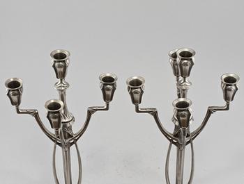 KANDELABRAR, ett par, tenn, jugendstil, kopia efter WMF, 1900-tal.