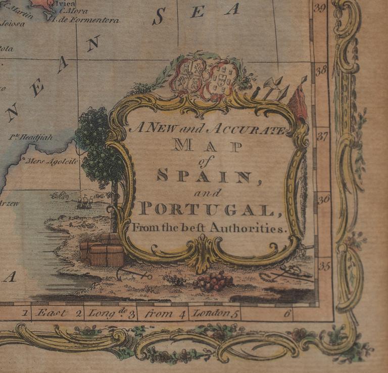 KOPPARSTICK, karta över Spanien och Portugal, 1700-tal.