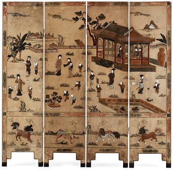 1321. A painted and inlayed four-foulded screen, Qing dynasty (1644-1911).