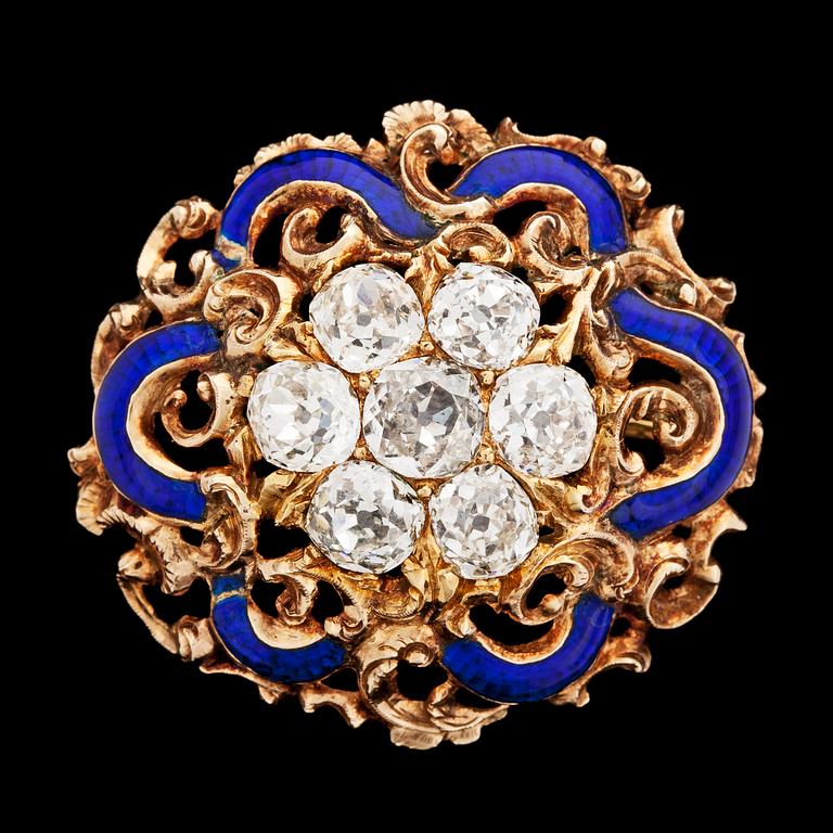 BROSCH, 7 antikslipade diamanter, tot. ca 2.50 ct med blått emaljarbete, 1800-talets mitt.