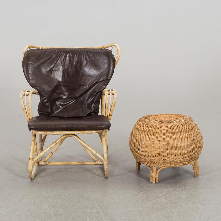 A BAMBOO ARMCHAIR WITH STOOL.