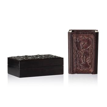 1224. A well carved box with cover and brush pot, China, presumably Republic.