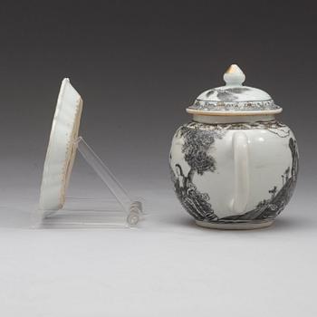 A grisaille 'European Subject' tea pot with cover and stand, Qing dynasty, Qianlong (1736-95).