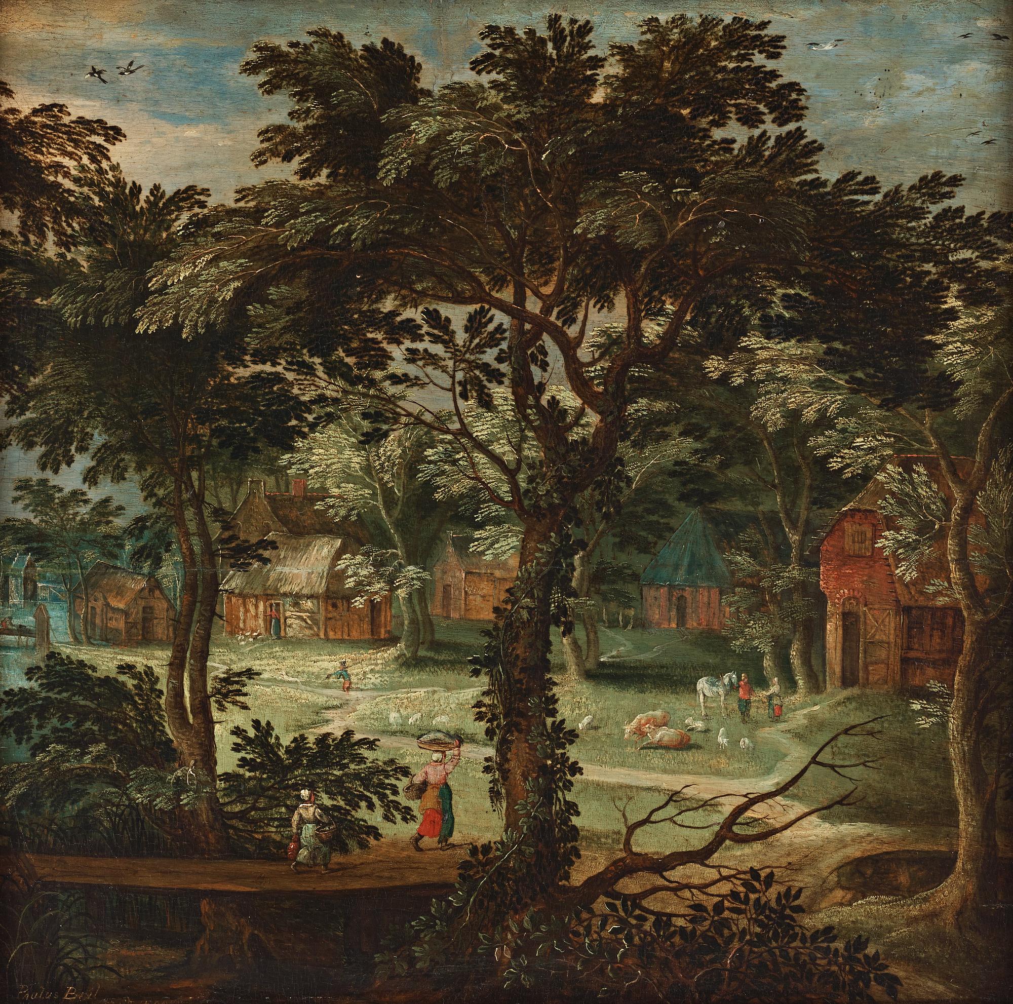 Adriaen van Stalbemt Hans krets, Landskap med figurer vid by.