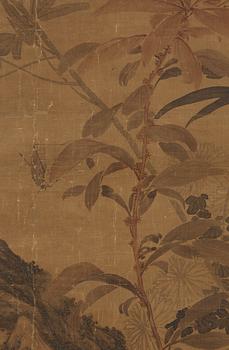 A hanging scroll of a grasshopper in a garden, Qing dynasty.