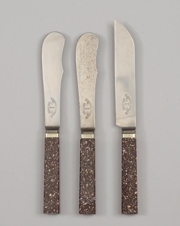 A set of three Swedish porphyry knives, circa 1900.