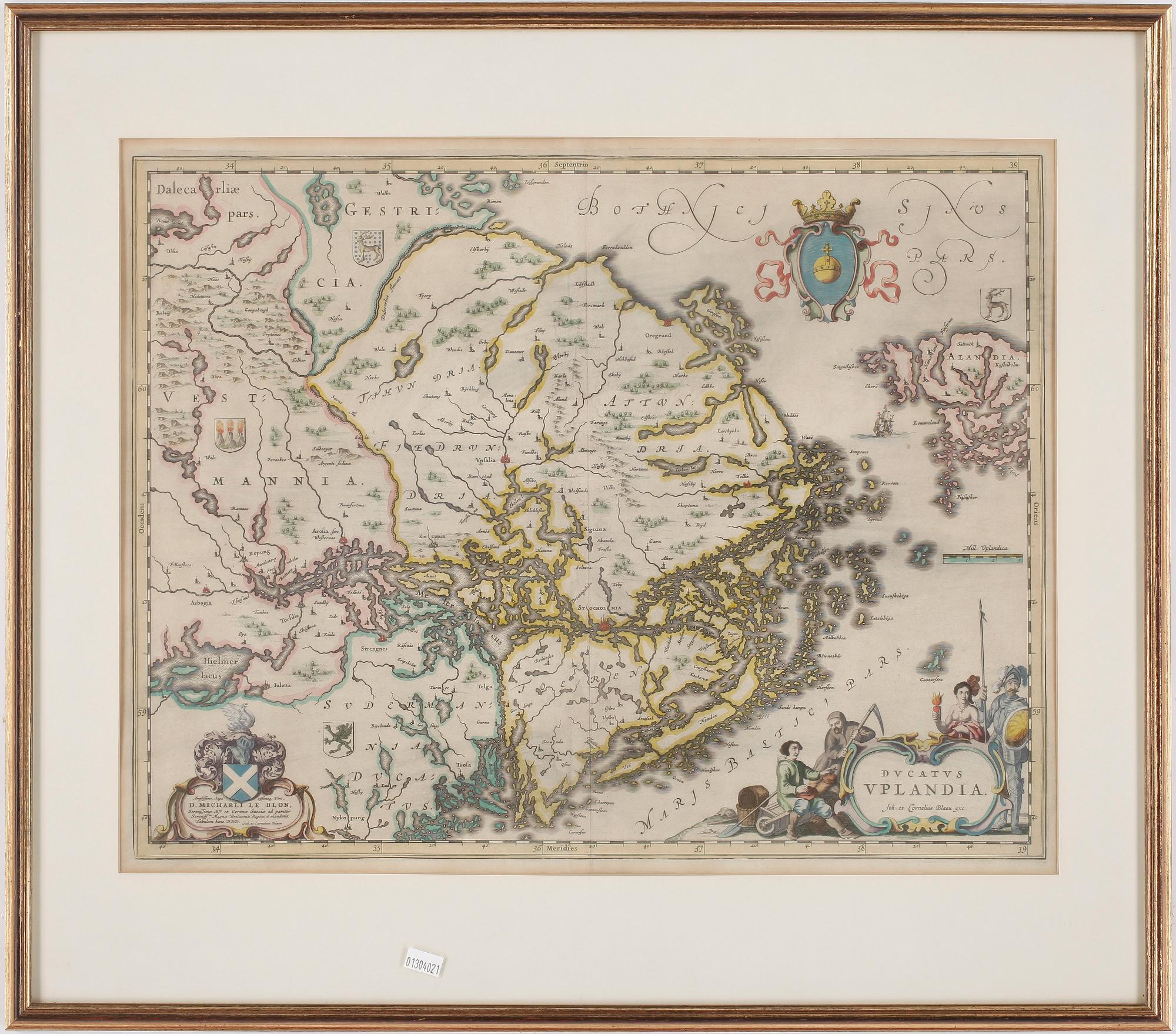 KARTA, delvis handkolorerad , Ducatus Uplandia, Johan et Cornelius Blaeu, efter. 1600/1700-tal.
