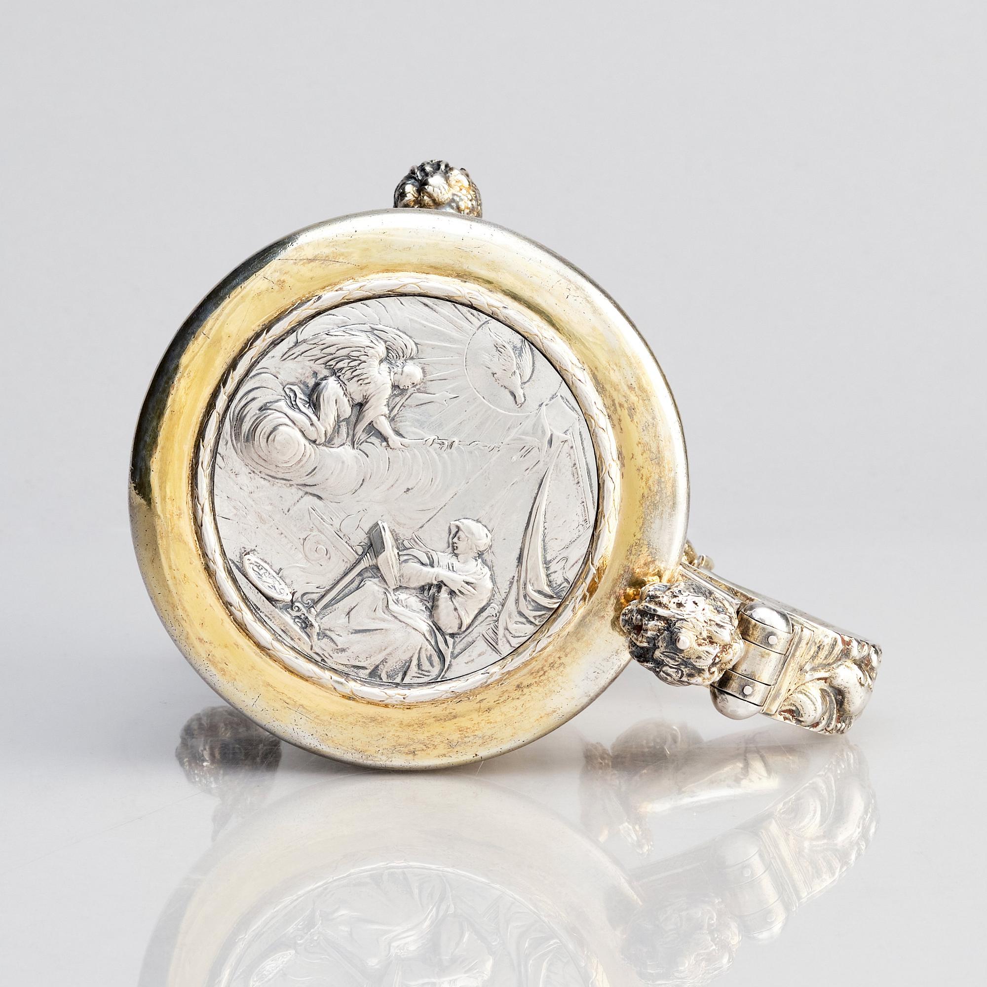 Erik Månsson Schmidt, dryckeskanna, delvis förgyllt silver, Stockholm (verksam 1675-1686). Barock.