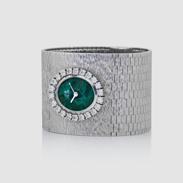 A Milner ladie's wristwatch. Dial in chrysocolla and bezel set with brilliant-cut diamonds.