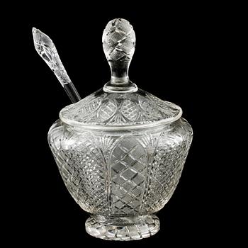 BÅLSKÅL med LOCK samt SLEV, glas, 1900-talets första hälft.