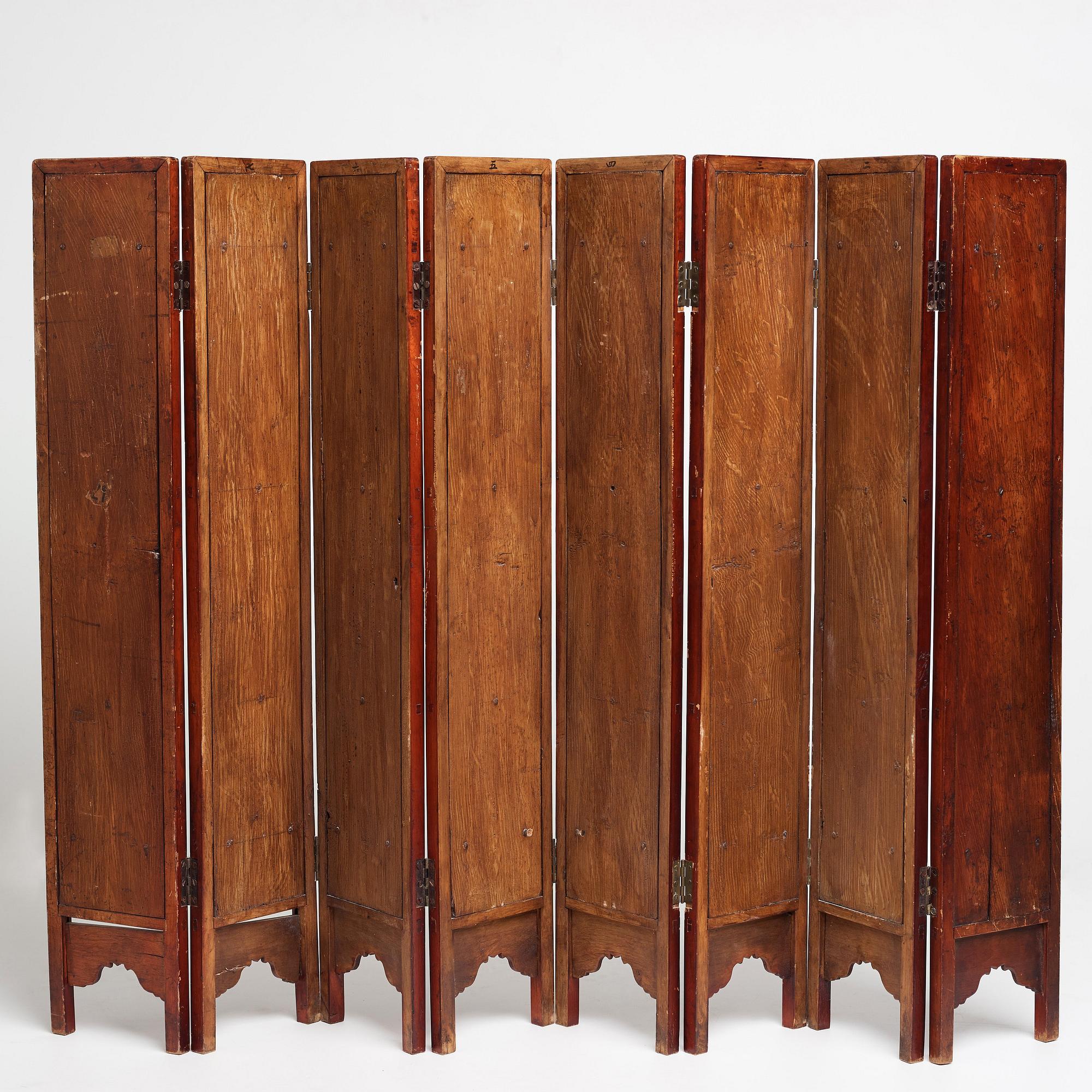 A Chinese folding screen with 48 porcelain tiles, late Qing dynasty, signed Ren Huanzhang, and dated 1881.