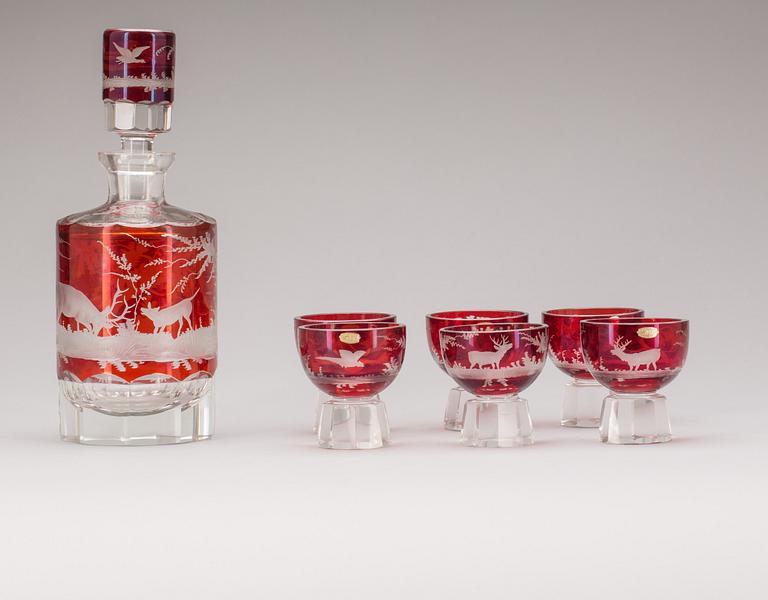 GLAS SAMT KARAFF, 7 delar, Böhmiskt glas.