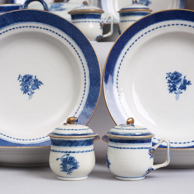 A blue and white dinner service, Qing dynasty, late 18th century. (58 pieces).