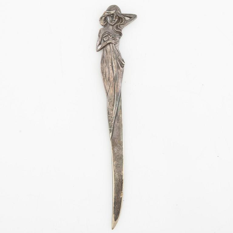 Fotoram, brevöppnare och sigill Jugend tidigt 1900-tal tenn och nysilver.