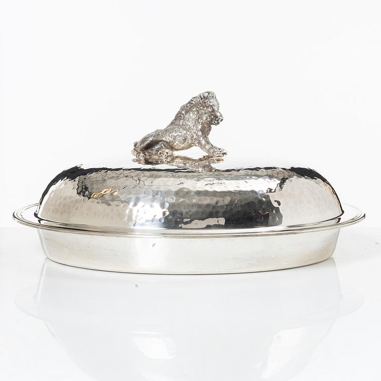 Covered bowl, silver plate, with glass insert, 20th century.
