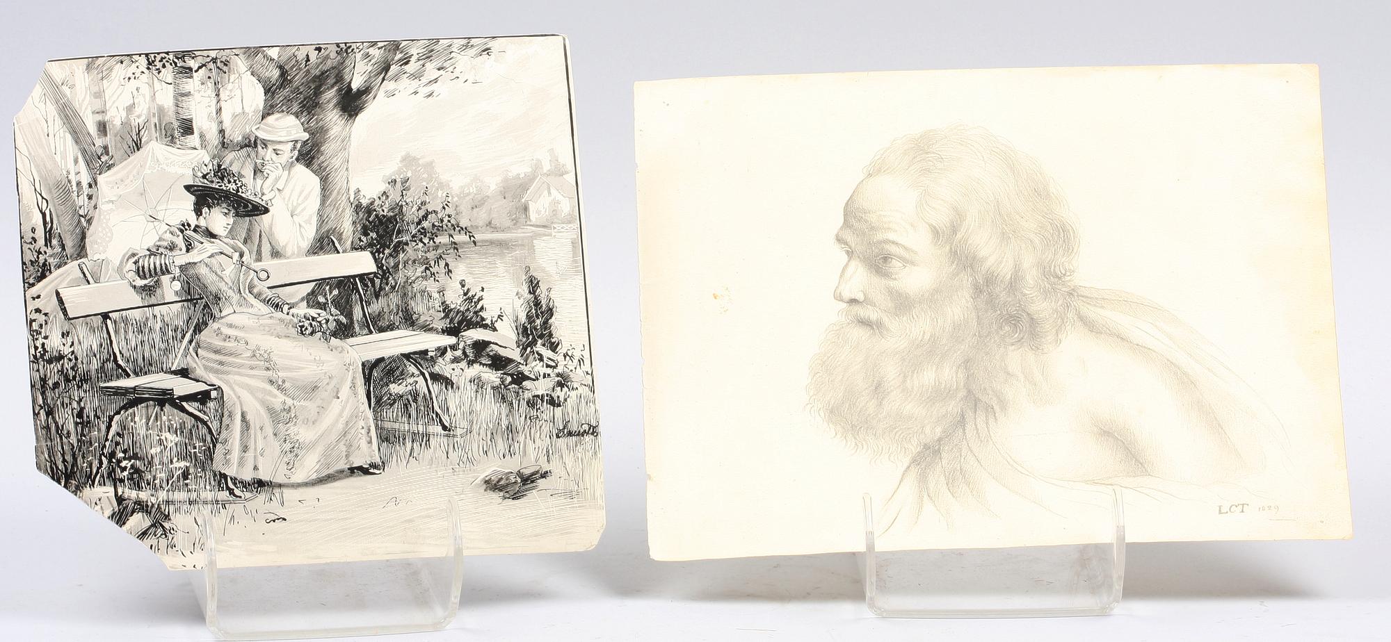 PARTI TECKNINGAR SAMT AKVARELLER, 9 st, okända konstnärer, 1800-1900-tal.