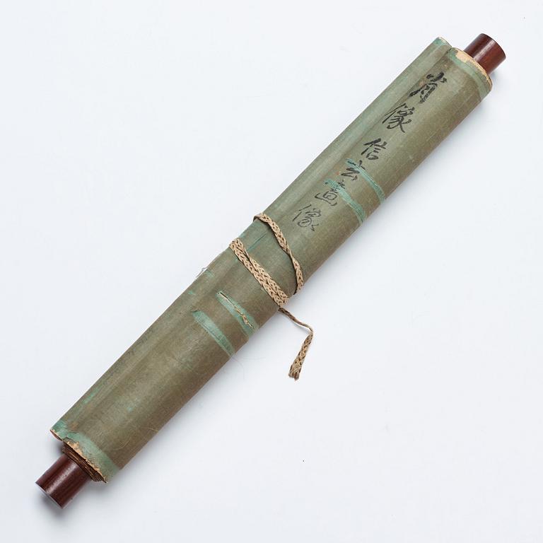 RULLMÅLNING, tusch och färg på silke. Japan, Meiji (1868-1912).