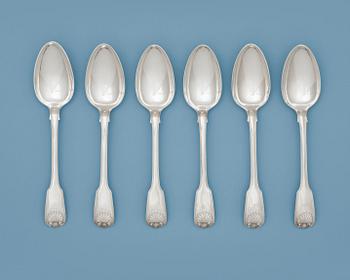 1030. A Swedish 19th century silver set of six table-spoons, makers mark of Gustaf Möllenborg, Stockholm 1841.