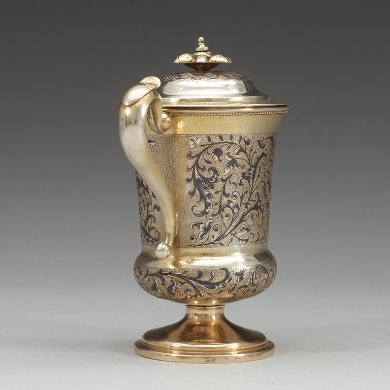 A Russian 19th century silver-gilt and niello cup and cover, unidentified makers mark, Moscow 1850.