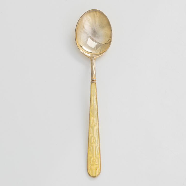 Sugar bowl and spoon, silver and enamel, the bowl by Anita Sarlin. Tillander, Helsinki, 1950.