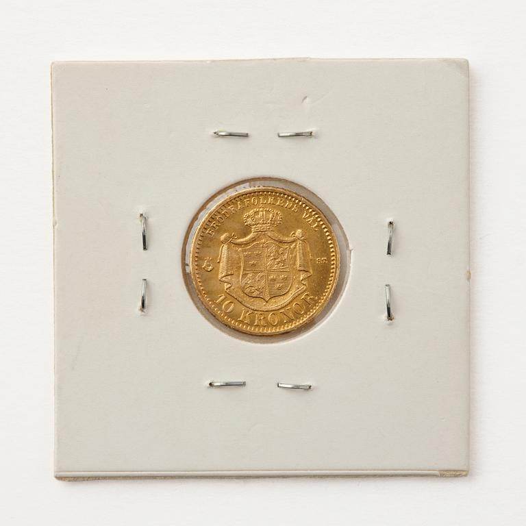 Gold coin, Oscar II, Sweden. 10 kronor, 1874.