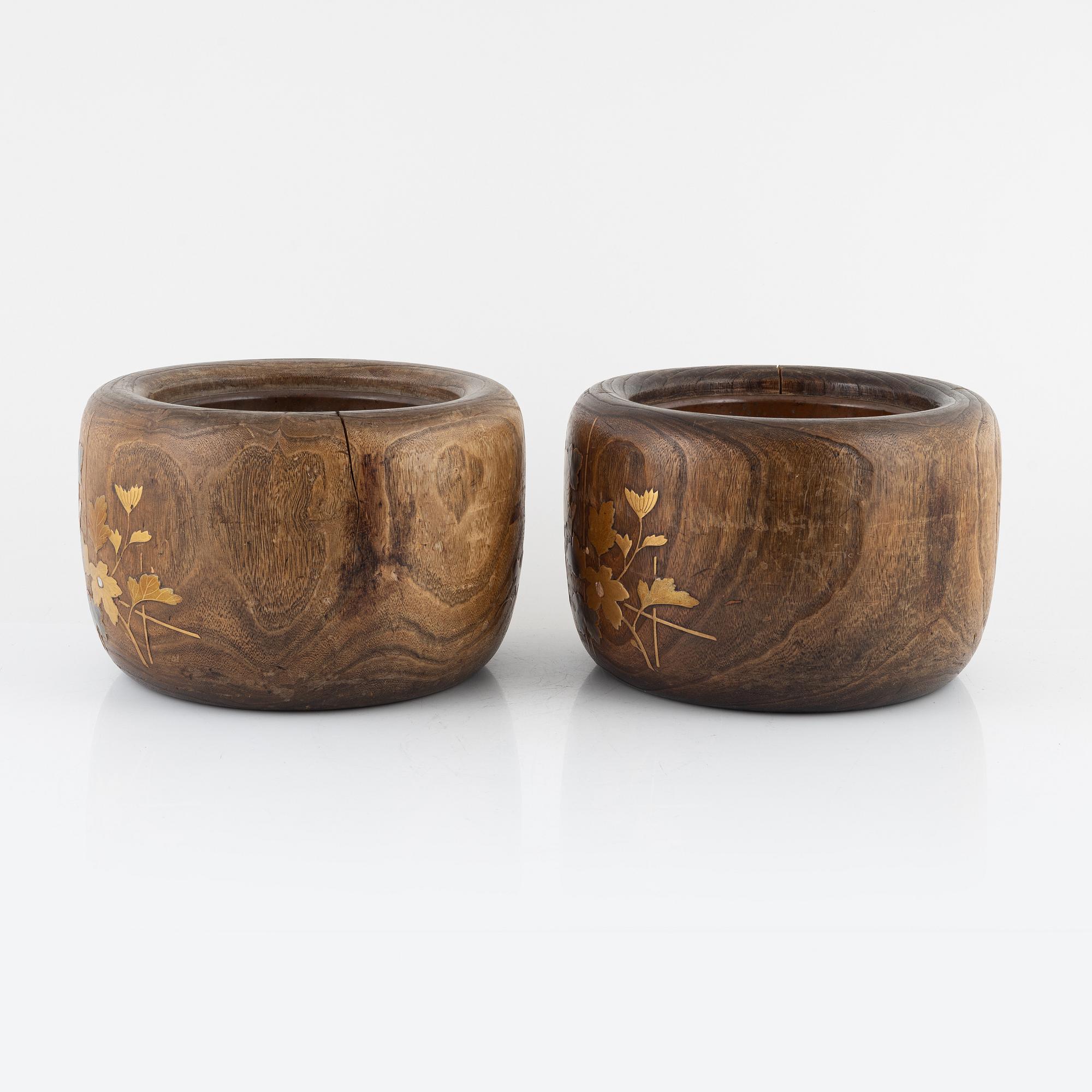 A pair of wooden Japanese flower pots, Meiji period (1868-1912).