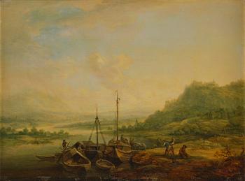 Christian Georg Schütz, Pastorala flodlandskap med figurer och båter, ett par.