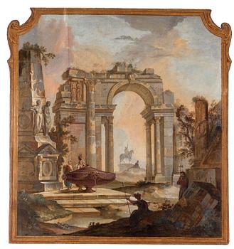 Johan Pasch Attributed to, Panel. Landscape with ruins and resting soldiers.