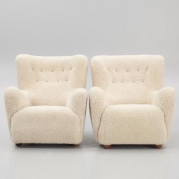 A pair of Danish Modern sheepskin armchairs, 1930's/40's.
