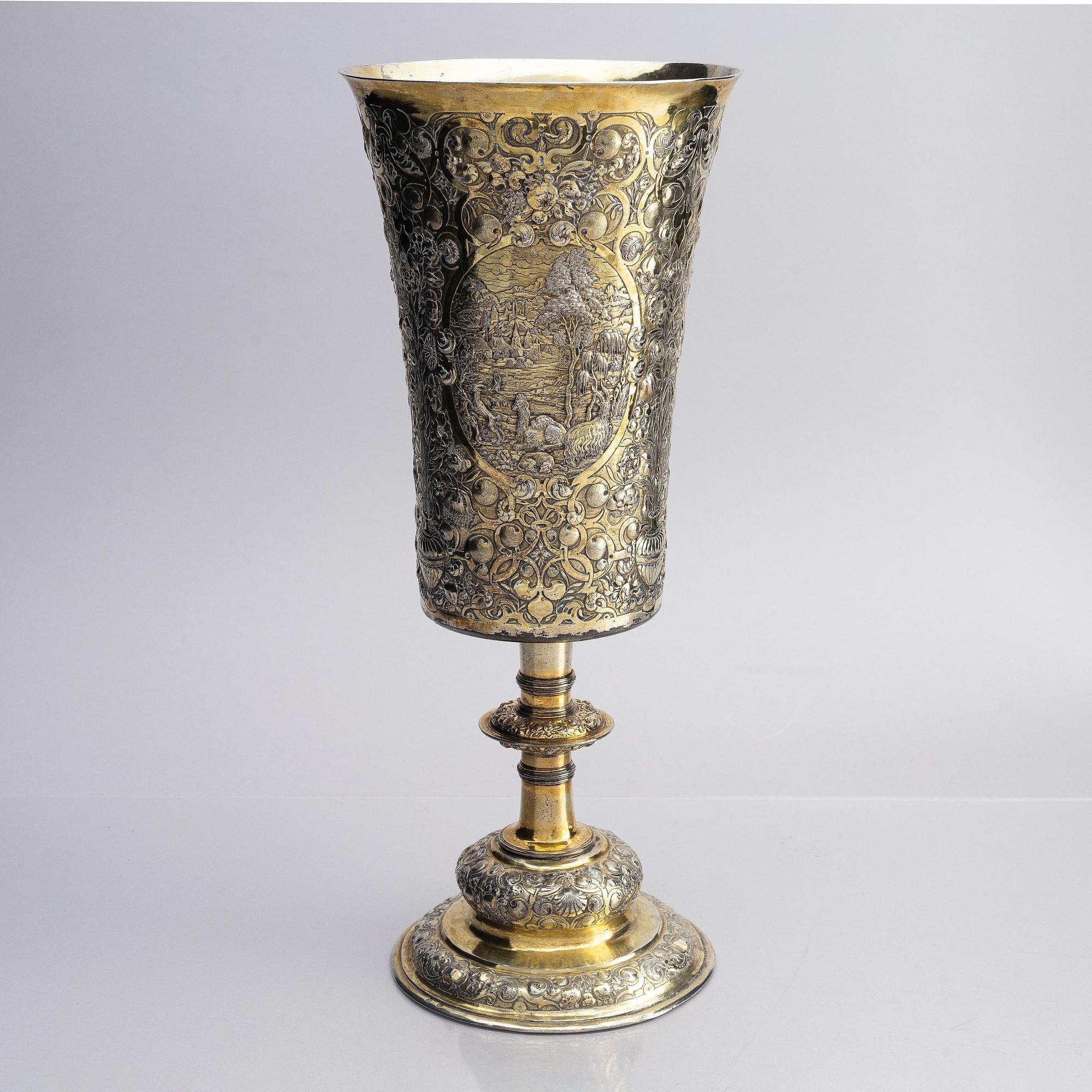 A partially gilded silver chalice, historicism, 19th century, baroque style, fantasy marks.