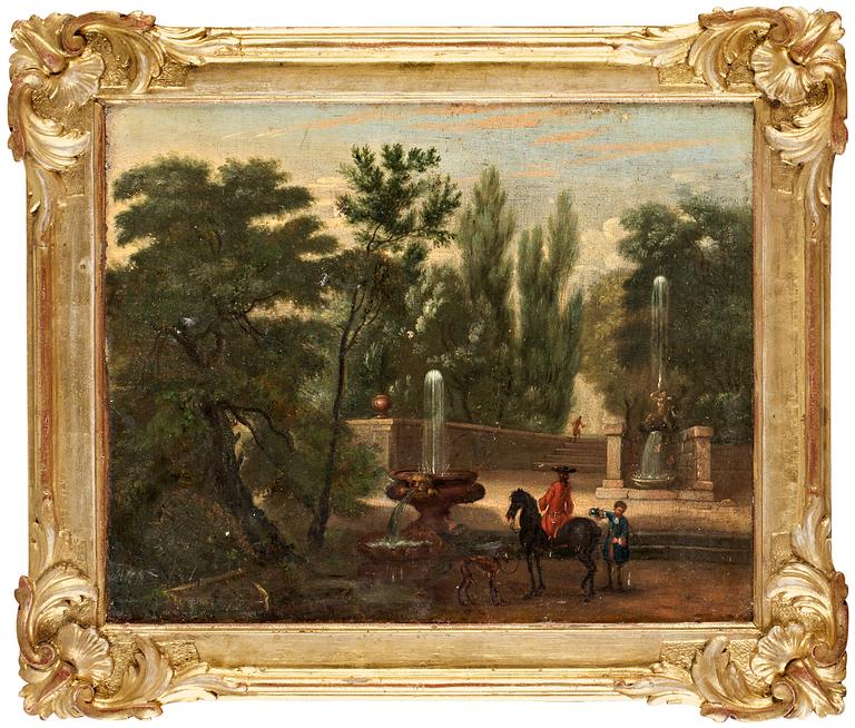 Landscape with riders at the fountain.