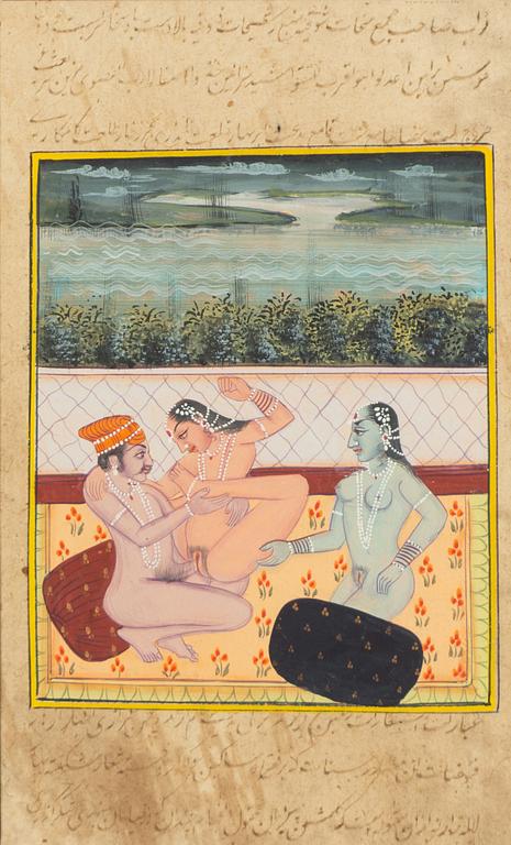 Unidentified artist, Interiors with erotic scenes, India, 20th century. Three pieces.