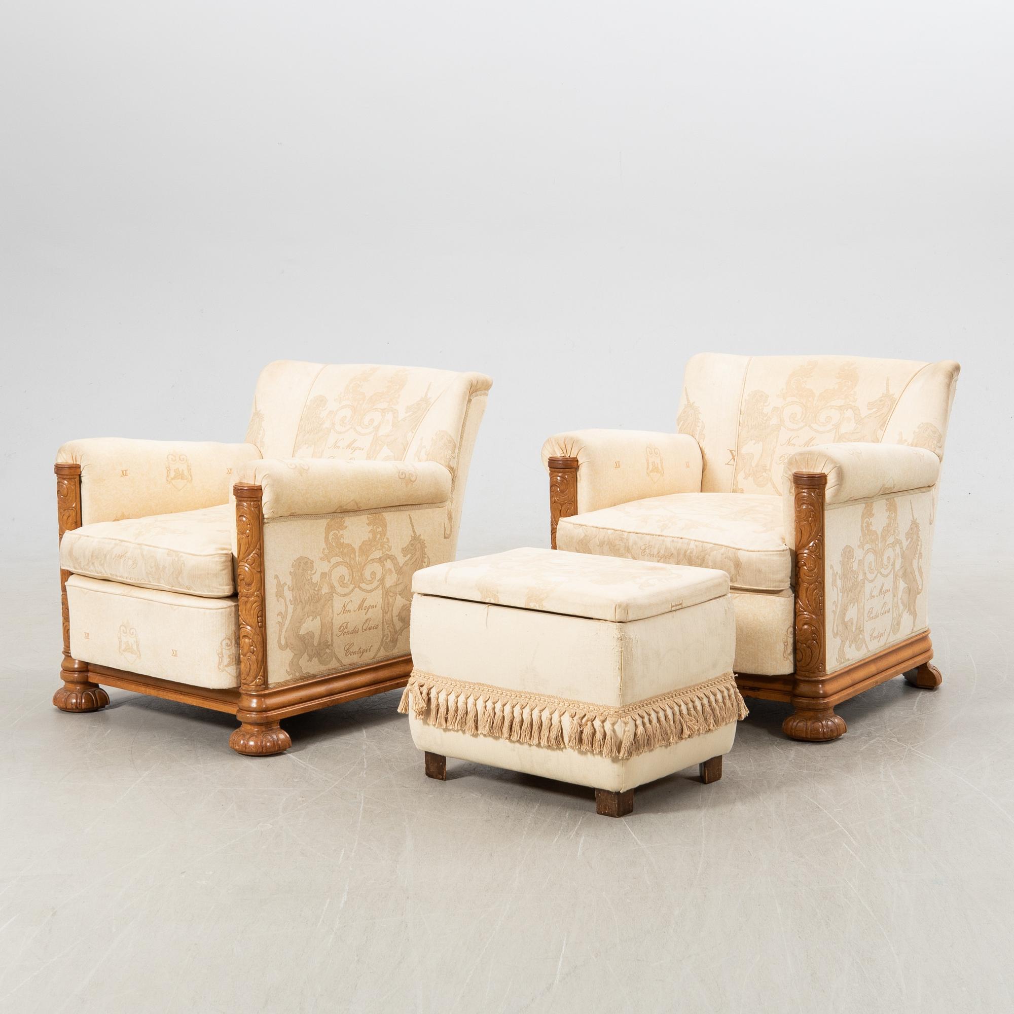 Armchairs, a pair, and footstool, Baroque style, 1940s.