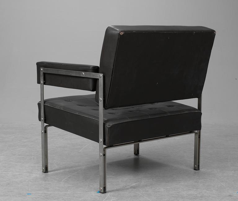 Four steel framed easy chairs with dark brown leather, possibly, Antti Nurmisniemi, Finland, 1960's.
